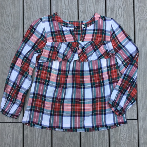 J.Crew Ruffle long sleeve blouse.Red, green, black, gold sparkle thread plaid XS - Picture 3 of 9